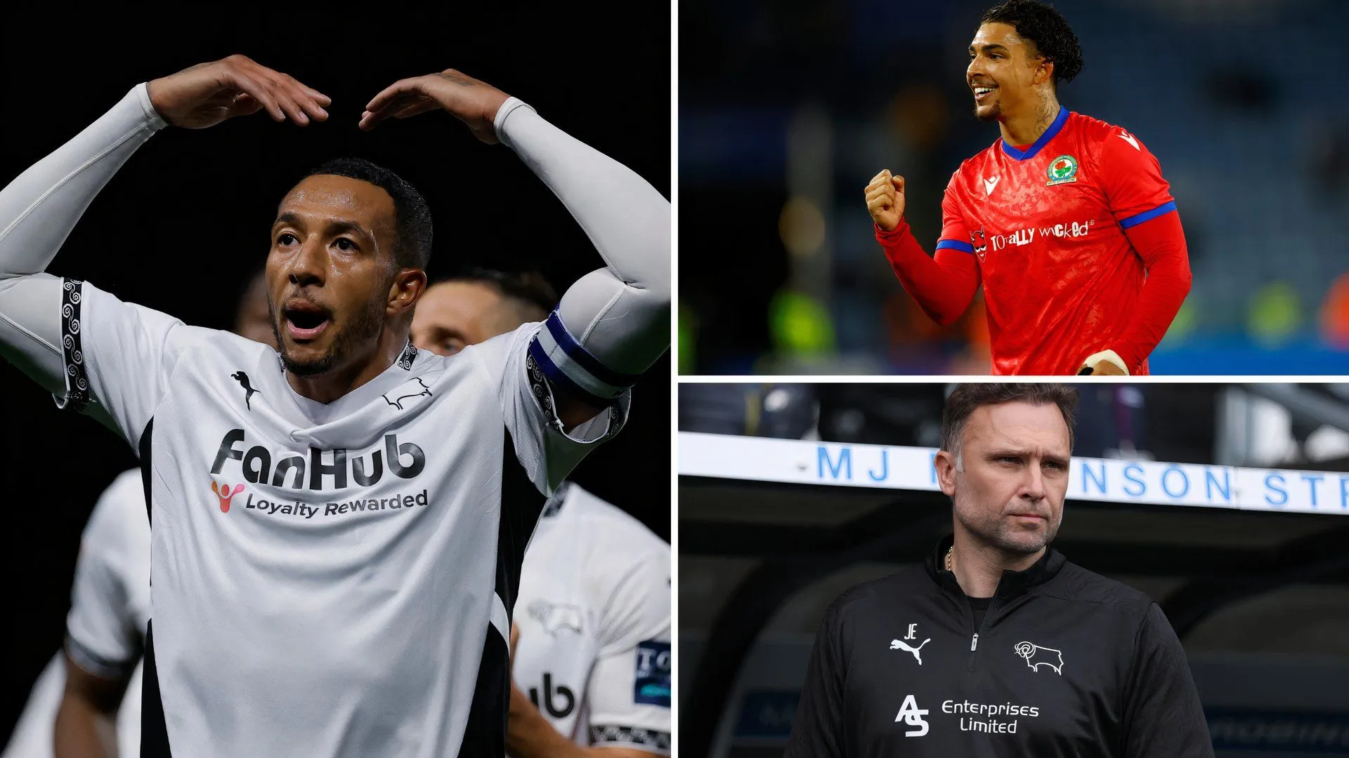 HLV John Eustace (phải) cùng các cầu thủ Derby County ăn mừng, thể hiện tinh thần đoàn kết và nỗ lực của toàn đội trong cuộc chiến trụ hạng.