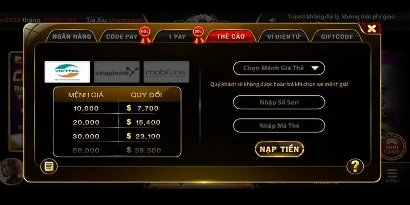 Nạp tiền Top88 – Hướng dẫn lên điểm tài khoản cổng game 13 Nạp tiền Top88 – Hướng dẫn lên điểm tài khoản cổng game