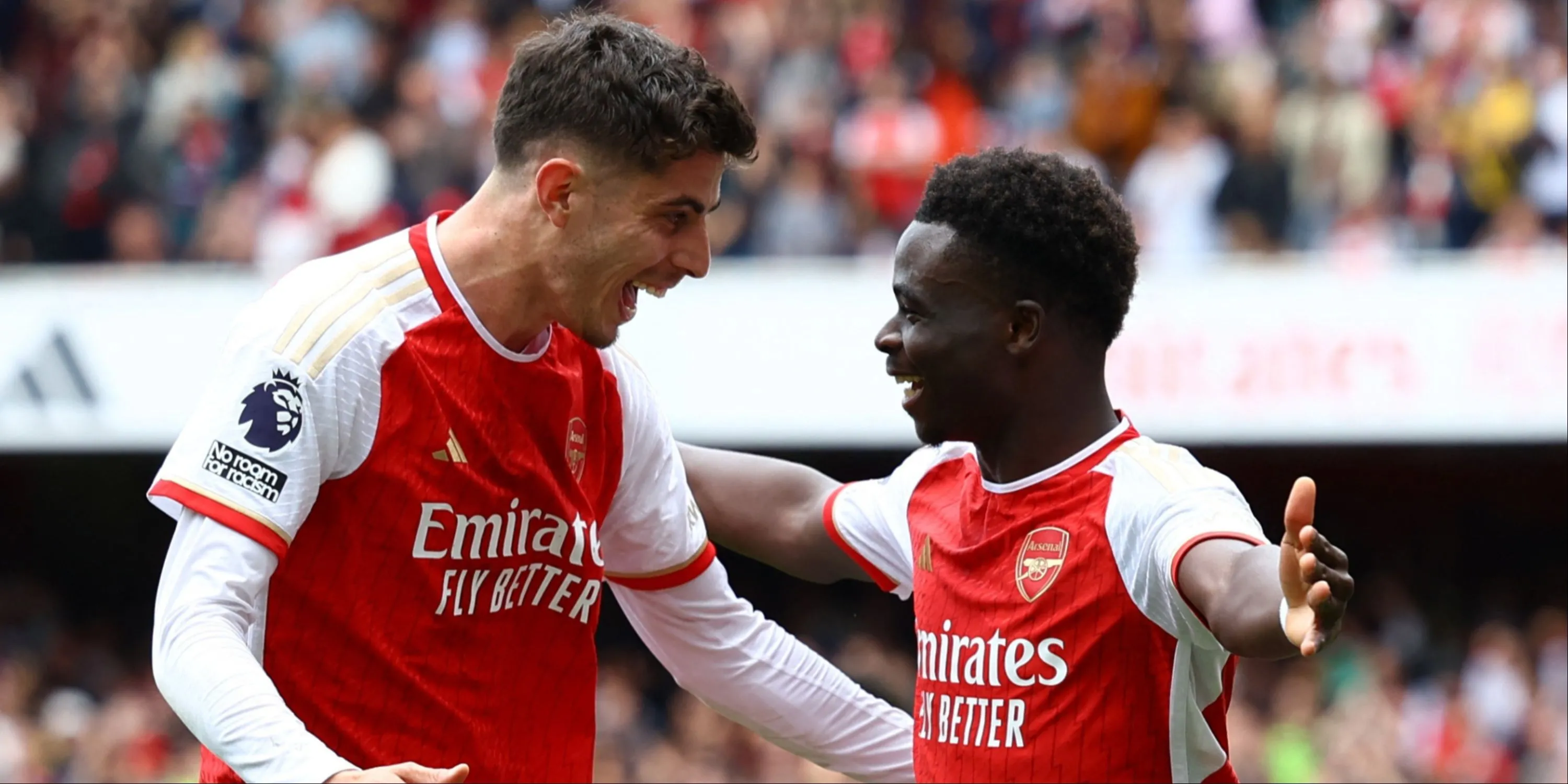 Bộ đôi tiền đạo Kai Havertz và Bukayo Saka ăn mừng bàn thắng cho Arsenal